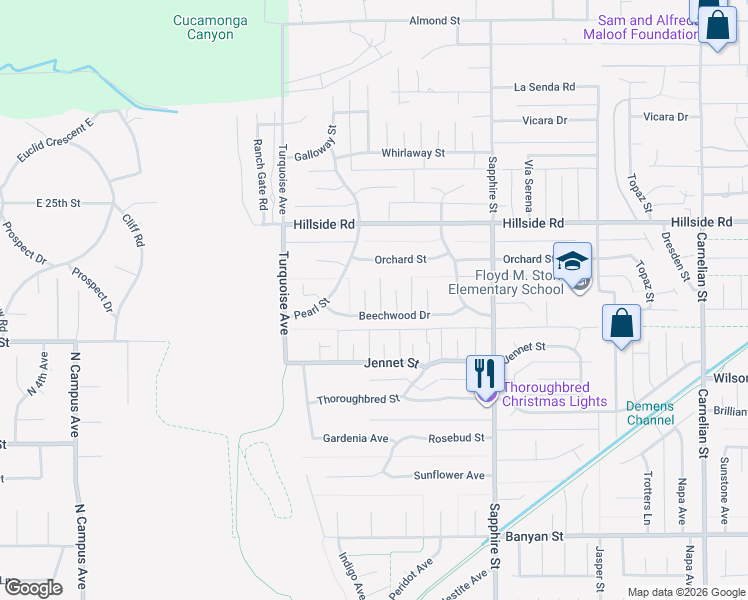 map of restaurants, bars, coffee shops, grocery stores, and more near 5642 Carol Avenue in Rancho Cucamonga