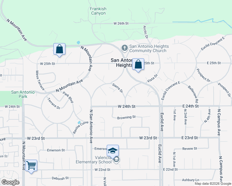 map of restaurants, bars, coffee shops, grocery stores, and more near 2423 Sierra Drive in Upland