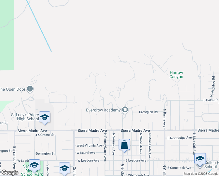map of restaurants, bars, coffee shops, grocery stores, and more near 947 North Glendora Avenue in Glendora