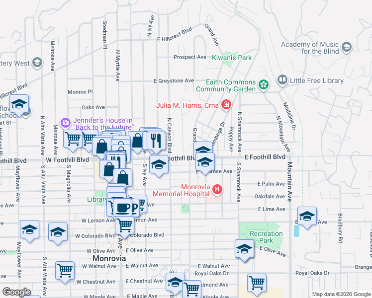 map of restaurants, bars, coffee shops, grocery stores, and more near 111 Poinsettia Avenue in Monrovia