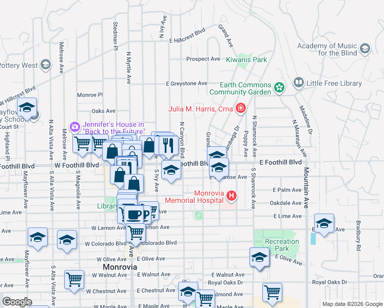 map of restaurants, bars, coffee shops, grocery stores, and more near 111 Poinsettia Avenue in Monrovia