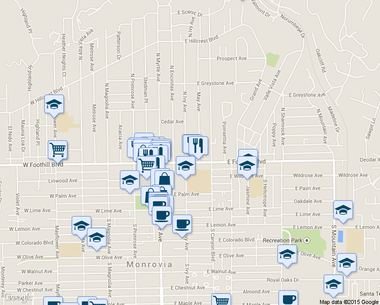 map of restaurants, bars, coffee shops, grocery stores, and more near 115 North Ivy Avenue in Monrovia