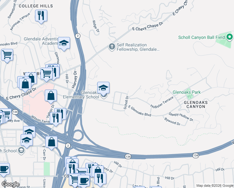 map of restaurants, bars, coffee shops, grocery stores, and more near 426 Waltonia Drive in Glendale