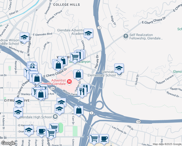 map of restaurants, bars, coffee shops, grocery stores, and more near 1809 Orchard Avenue in Glendale