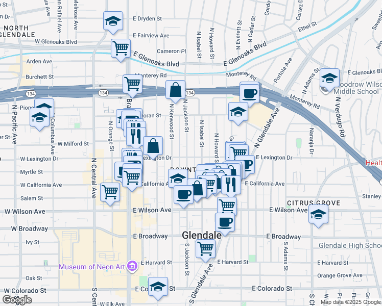 map of restaurants, bars, coffee shops, grocery stores, and more near 515 East Lexington Drive in Glendale