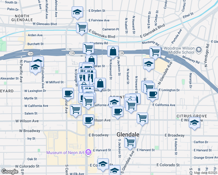 map of restaurants, bars, coffee shops, grocery stores, and more near 400 North Kenwood Street in Glendale