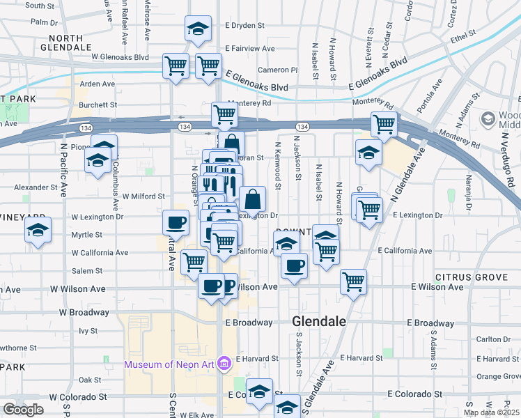 map of restaurants, bars, coffee shops, grocery stores, and more near in Glendale