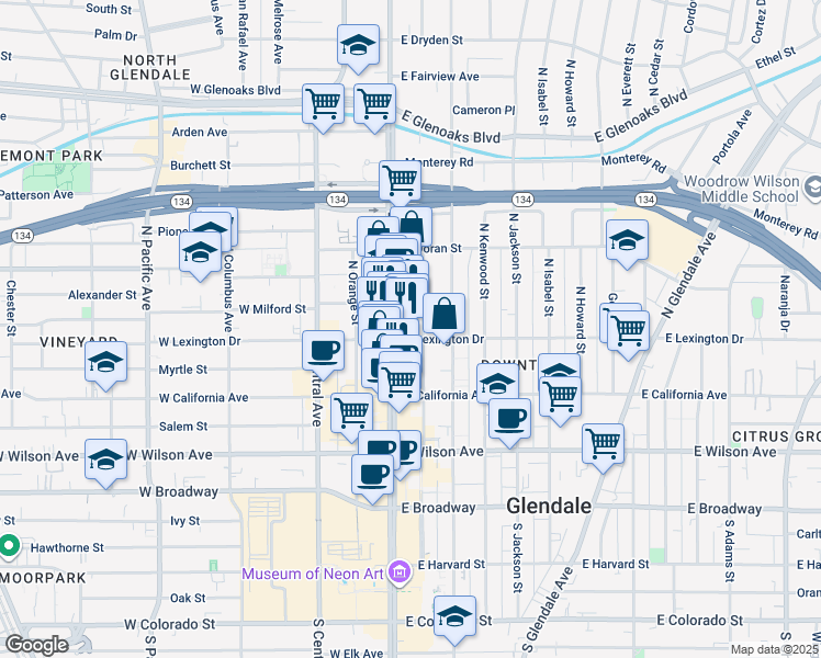 map of restaurants, bars, coffee shops, grocery stores, and more near 166e East Milford Street in Glendale