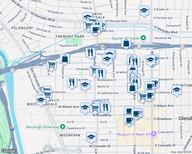 map of restaurants, bars, coffee shops, grocery stores, and more near 408 North Pacific Avenue in Glendale