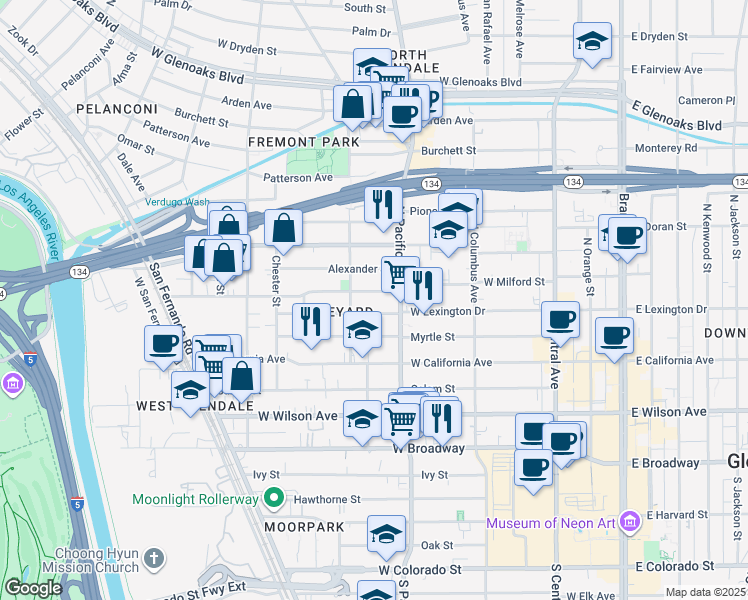 map of restaurants, bars, coffee shops, grocery stores, and more near 526 West Milford Street in Glendale