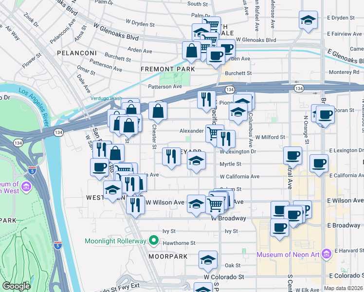 map of restaurants, bars, coffee shops, grocery stores, and more near in Glendale