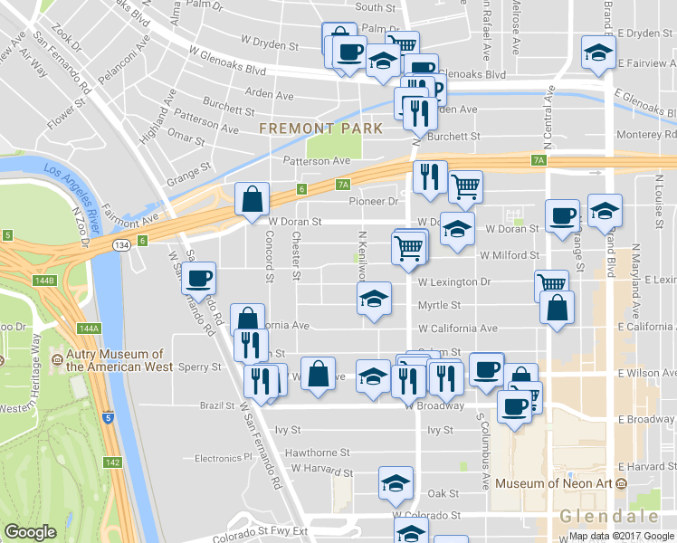 map of restaurants, bars, coffee shops, grocery stores, and more near in Glendale