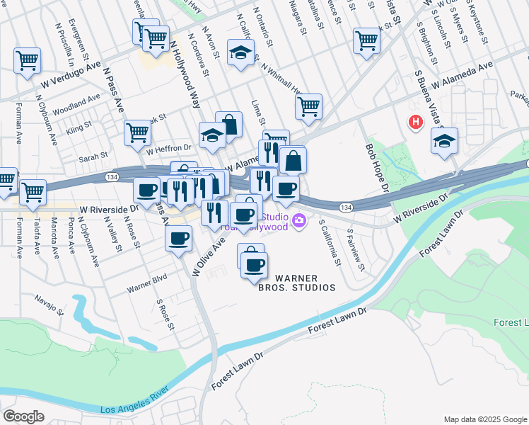 map of restaurants, bars, coffee shops, grocery stores, and more near 118 South Cordova Street in Burbank