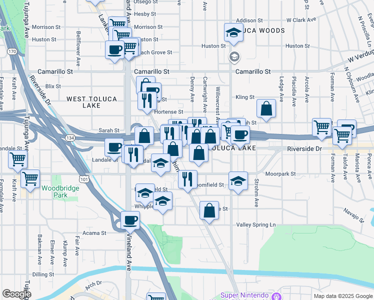 map of restaurants, bars, coffee shops, grocery stores, and more near 10738 Riverside Drive in Los Angeles