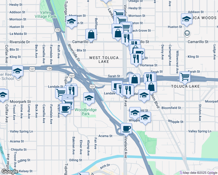 map of restaurants, bars, coffee shops, grocery stores, and more near 11100 Riverside Drive in Los Angeles