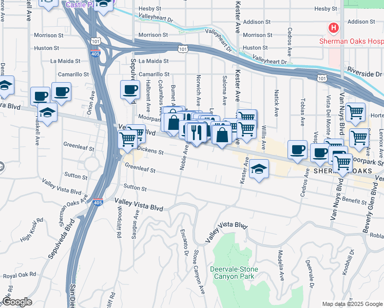 map of restaurants, bars, coffee shops, grocery stores, and more near 15039 Dickens Street in Los Angeles