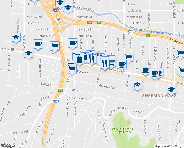 map of restaurants, bars, coffee shops, grocery stores, and more near 15112 Dickens Street in Los Angeles