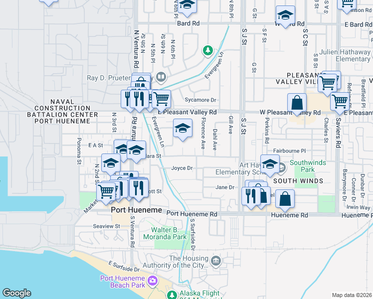 map of restaurants, bars, coffee shops, grocery stores, and more near 603 East Clara Street in Port Hueneme