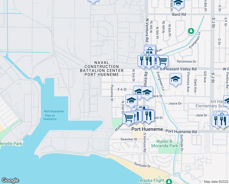 map of restaurants, bars, coffee shops, grocery stores, and more near 140 East A Street in Port Hueneme
