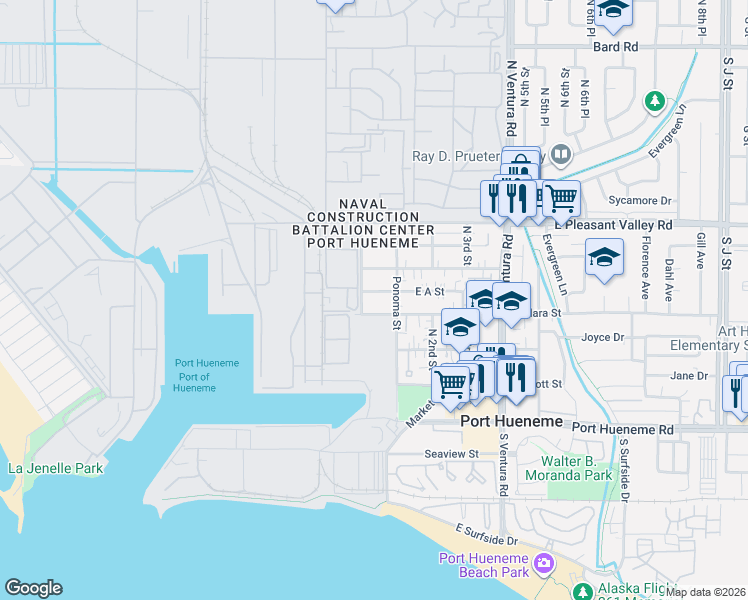 map of restaurants, bars, coffee shops, grocery stores, and more near 122 West A Street in Port Hueneme