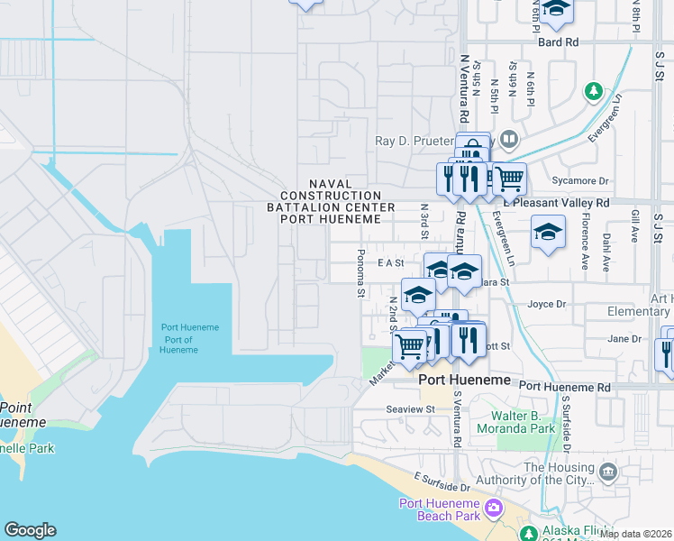 map of restaurants, bars, coffee shops, grocery stores, and more near 122 West A Street in Port Hueneme