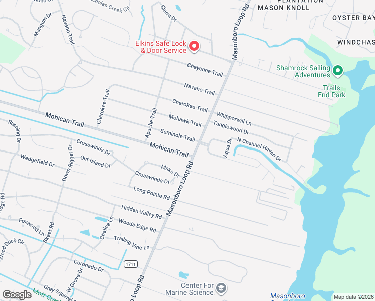 map of restaurants, bars, coffee shops, grocery stores, and more near 114 Mohican Trail in Wilmington