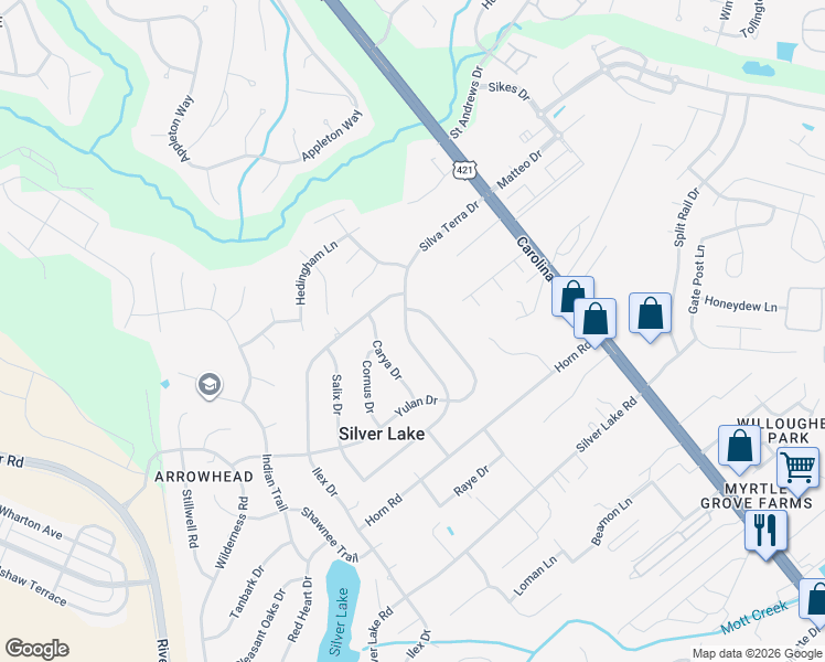 map of restaurants, bars, coffee shops, grocery stores, and more near 4710 Silva Terra Drive in Wilmington
