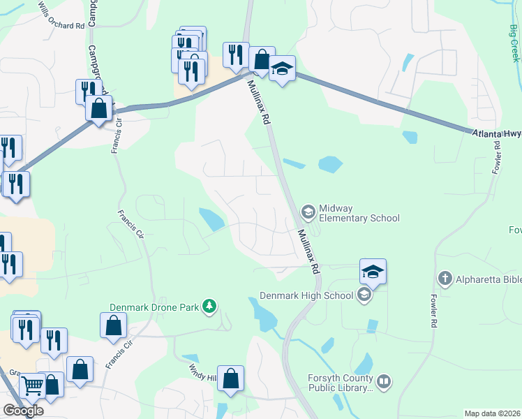 map of restaurants, bars, coffee shops, grocery stores, and more near 730 Harcombe Way in Alpharetta
