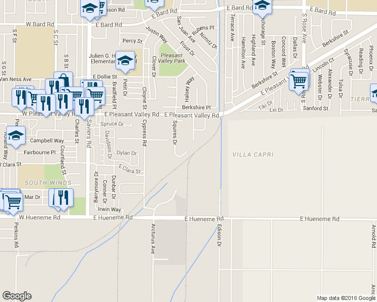 map of restaurants, bars, coffee shops, grocery stores, and more near 5269 Squires Drive in Oxnard