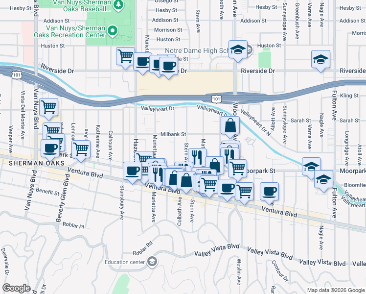 map of restaurants, bars, coffee shops, grocery stores, and more near 4461 Stern Avenue in Los Angeles