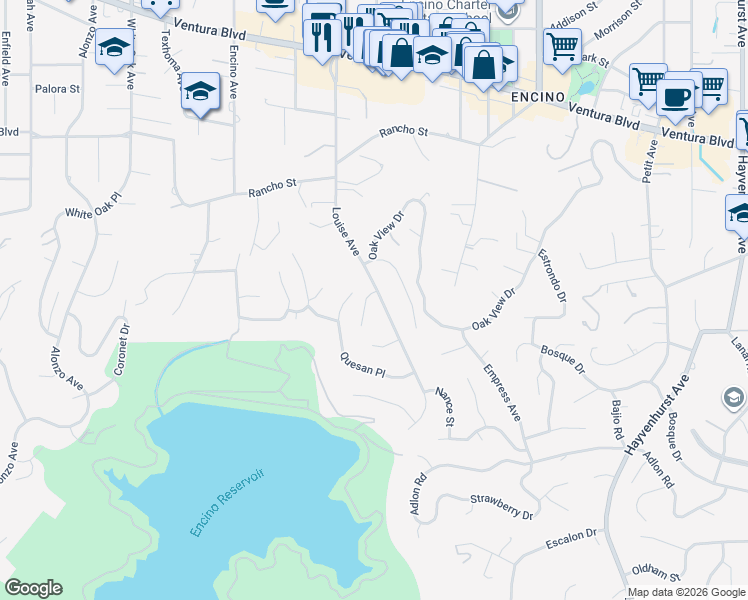 map of restaurants, bars, coffee shops, grocery stores, and more near 4472 Louise Avenue in Los Angeles