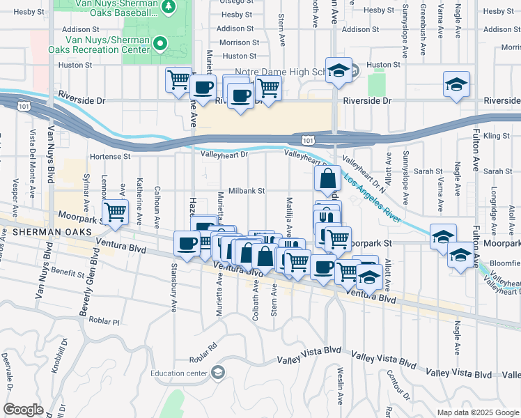 map of restaurants, bars, coffee shops, grocery stores, and more near 4461 Stern Avenue in Los Angeles