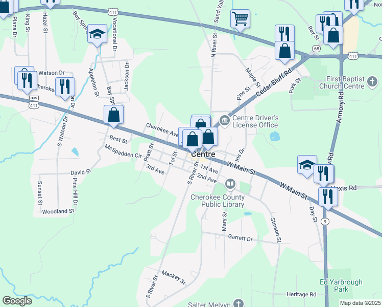 map of restaurants, bars, coffee shops, grocery stores, and more near 161 West Main Street in Centre