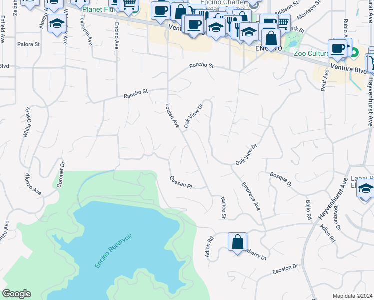 map of restaurants, bars, coffee shops, grocery stores, and more near 4444 Rochelle Place in Los Angeles