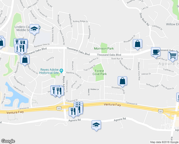 map of restaurants, bars, coffee shops, grocery stores, and more near 5503 Hartglen Place in Agoura Hills