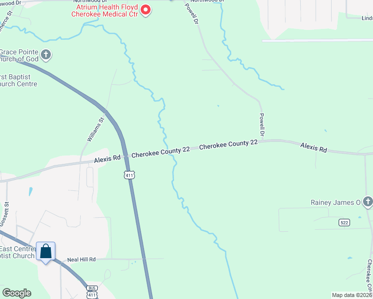 map of restaurants, bars, coffee shops, grocery stores, and more near Cherokee County 22 in Centre