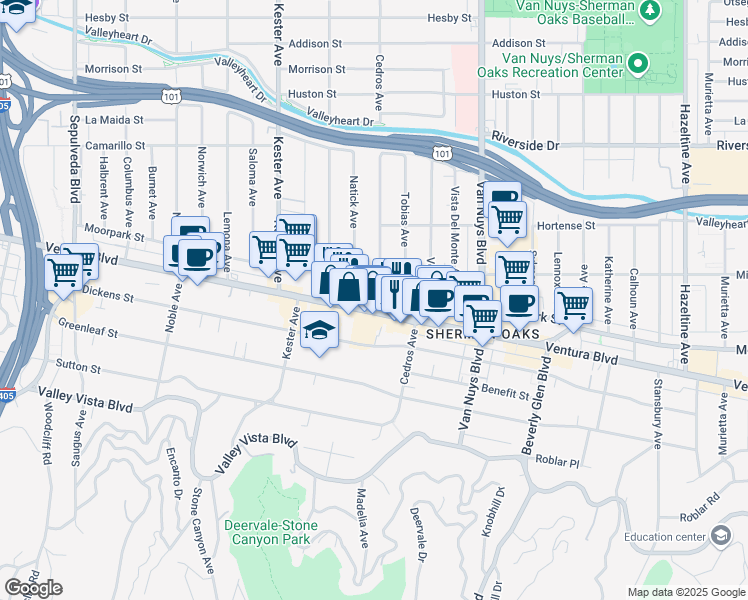 map of restaurants, bars, coffee shops, grocery stores, and more near 14709 Ventura Boulevard in Los Angeles