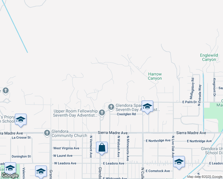 map of restaurants, bars, coffee shops, grocery stores, and more near 1018 North Glendora Avenue in Glendora