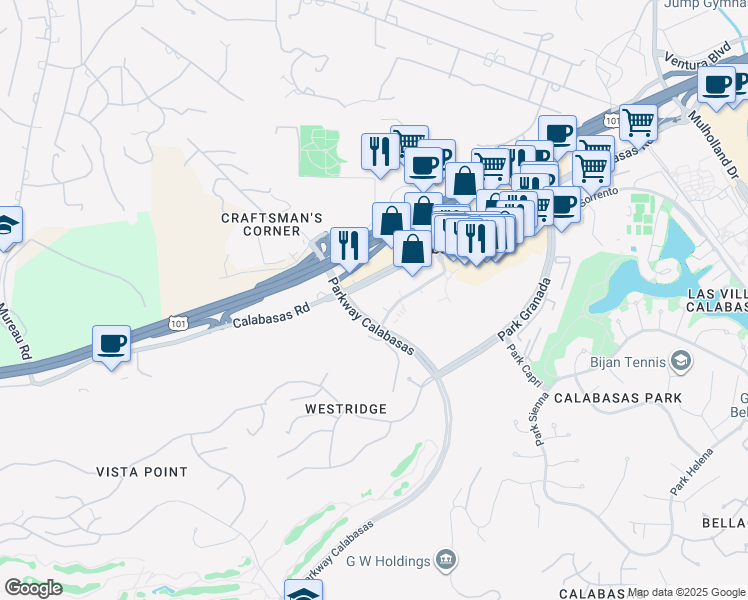 map of restaurants, bars, coffee shops, grocery stores, and more near 24025 Park Sorrento in Calabasas