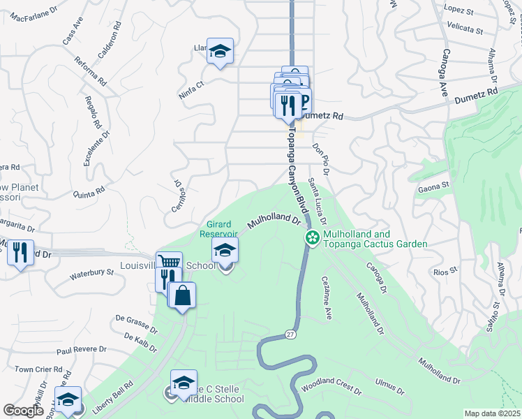 map of restaurants, bars, coffee shops, grocery stores, and more near 22101 Mulholland Drive in Los Angeles