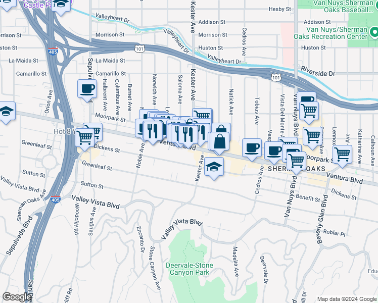 map of restaurants, bars, coffee shops, grocery stores, and more near 14910 Ventura Boulevard in Los Angeles