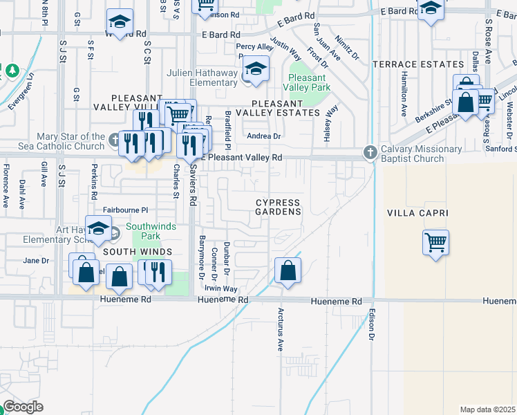 map of restaurants, bars, coffee shops, grocery stores, and more near 545 Dylan Drive in Oxnard