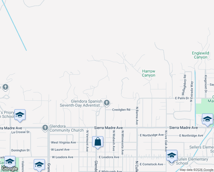 map of restaurants, bars, coffee shops, grocery stores, and more near 1018 North Glendora Avenue in Glendora