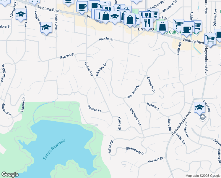 map of restaurants, bars, coffee shops, grocery stores, and more near 17072 Oak View Drive in Los Angeles