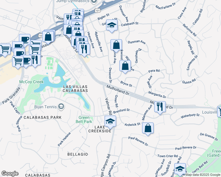 map of restaurants, bars, coffee shops, grocery stores, and more near 23100 Mulholland Drive in Los Angeles