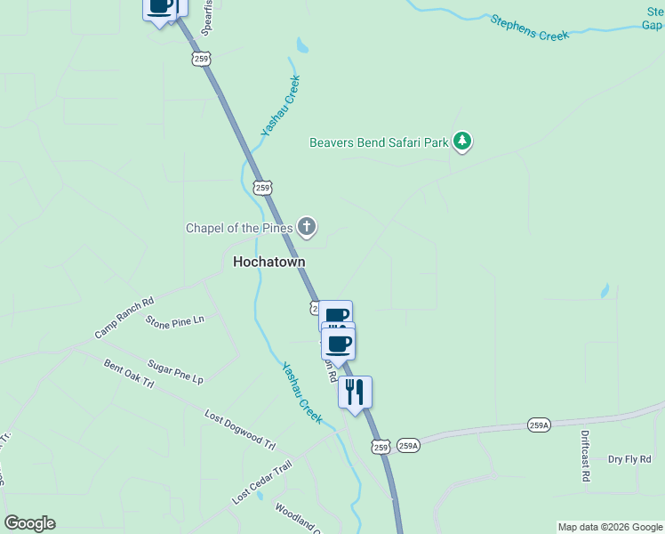 map of restaurants, bars, coffee shops, grocery stores, and more near 135 Old Hochatown Road in Broken Bow