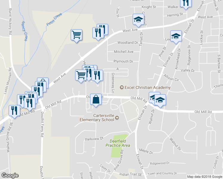 map of restaurants, bars, coffee shops, grocery stores, and more near 13 Greenway Lane in Cartersville