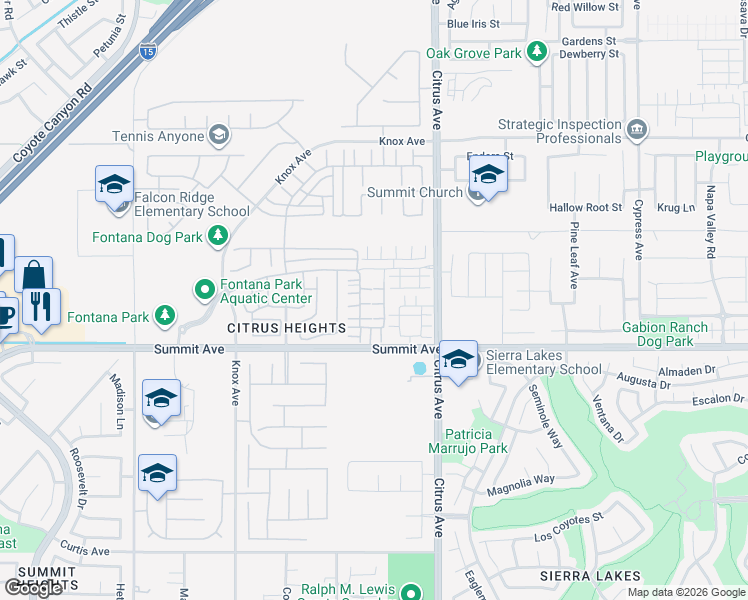 map of restaurants, bars, coffee shops, grocery stores, and more near 5604 Altamura Way in Fontana