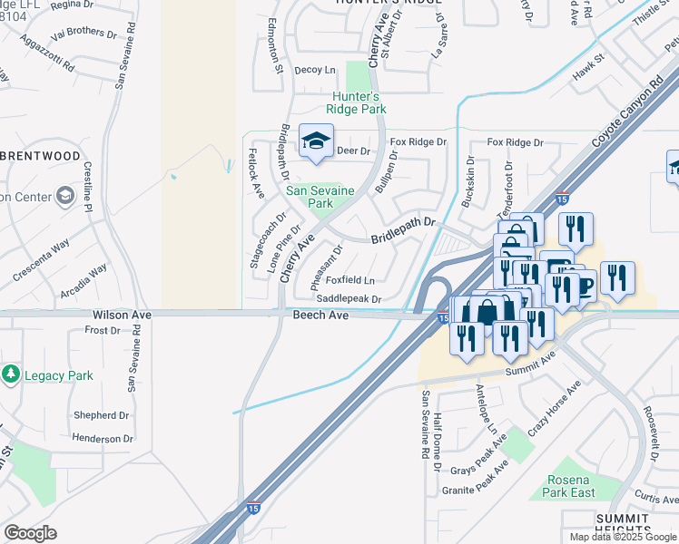 map of restaurants, bars, coffee shops, grocery stores, and more near 5612 Spur Court in Fontana