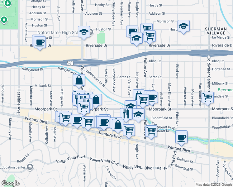 map of restaurants, bars, coffee shops, grocery stores, and more near 13455 Valleyheart Drive in Los Angeles